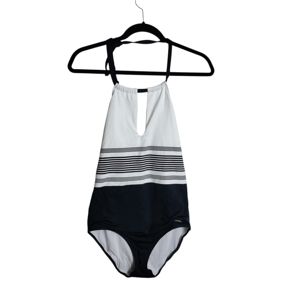 Lascana Womens Striped Colorblock Halter One Piece Swimsuit Black White Size 8